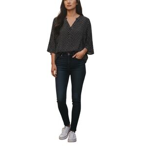 Chaus New York Polka Dot V-Neck Roll Tab 3/4 Sleeve Blouse S Mature Office Chic